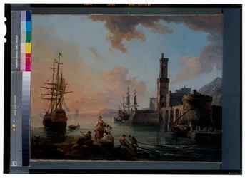 Fiskere og kurtisaner i en middelhavshavn ved solnedgang