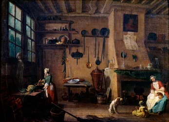 Kjøkkeninteriør på 1700-tallet. En kokk tilbereder et måltid. I bakgrunnen ser vi kjøkkenredskapene henge langs veggen. Maleri av Jean-Baptiste Lallemand (1710-1803), 1700-tallet, Dijon, Kunstmuseet