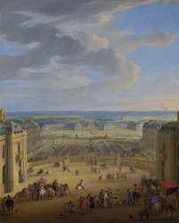 Perspektivvisning av slottet i Versailles på Place d#39;Armes og stallen. Stallen sett fra slottet i Versailles.