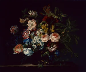 Roser, nelliker, hyasinter og blomster (olje på lerret)