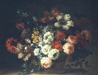 Stilleben med blomster i en kurv