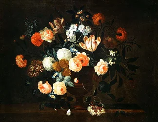 Vase med blomster og insekter (olje på lerret)