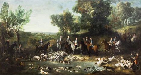 Ludvig XV jakter hjort i skogen i Saint-Germain, 1730 (olje på lerret)