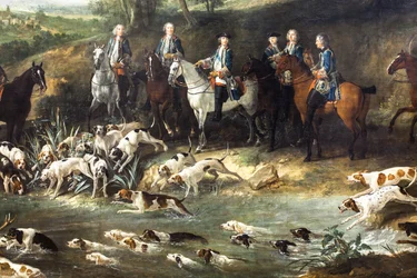 Ludvig XV jakter hjort i skogen i Saint-Germain, 1730 (olje på lerret)