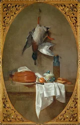 Canard moDuck hengt på et ben, pai, bolle og gryte med oliven (maleri på lerret)