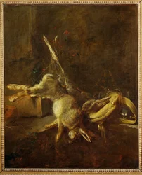 To harer, en viltpose og kruttflaske (maleri på lerret)