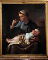 Kvinne som får barnet til å spise. Maleri av Jean Francois Millet (1814-1875)
