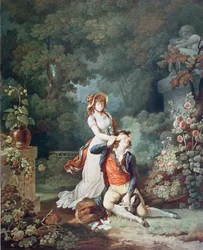 The Lover Surprised, gravert av Charles Melchior Descourtis (1753-1820) (fargegravering)