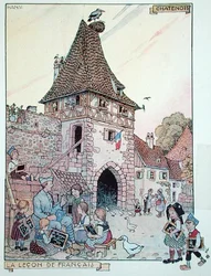 En fransk soldat som lærer fransk til barn fra Alsace som har blitt franske statsborgere igjen, illustrasjon fra 'Histoire de l'Alsace, Hansi, ca. 1915-16 (farge litho)