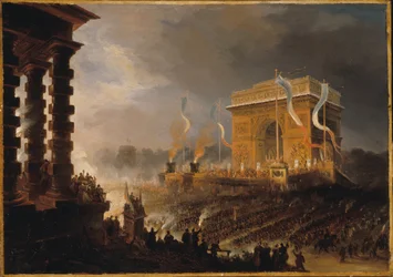 Broderskapsfestivalen ved Triumfbuen de l#39;Étoile: parade etter utdelingen av flagg, kvelden 20. april 1848 (olje på papir på lerret)