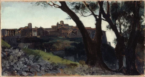 Italiensk landskap. Landsby i skumringen, mellom 1859 og 1860 (olje)