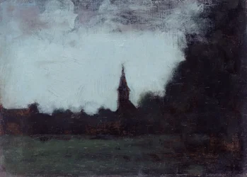 Alsace-landskap, klokketårnet i Bernwiller, mellom 1890 og 1905 (olje på lerret)