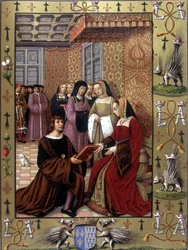 Jean Marot overrekker boken sin, «Reisen til Genova», til dronning Anne av Bretagne. Etter en illuminasjon av Jean Bourdichon, cirka 1508