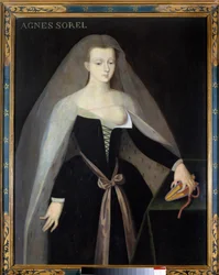 Portrett av Agnes Sorel (1422-1450) (Dame av Beaute sur Marne) (Beaute-sur-Marne), favoritt til kong Charles VII (1422-1461) Brystet hennes er nøtt. Maleri etter Jean Fouquet 1500-tallet, Chateau royal de Loches - Portrett av Agnes Sorel (1422-1450) (dame)