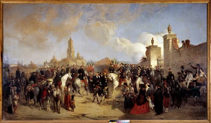 Expedition of Mexico (1861-1867): "" gikk inn i den franske ekspedisjonsstyrken i Mexico City 10.06.1863, General Forey mottar fra Prefet Azcarte nøklene til byen""" Maleri av Jean Adolphe Beauce (1818-1875) 1868 Søn. 2,15x3,75 m .