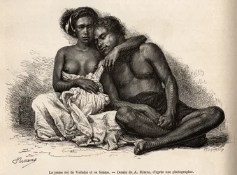 Den unge kongen av Vaitatu, på øya Tauata, i øygruppen Marquises-øyene, omgir seg til armene til sin kone, gravert etter en tegning av A.Rixens som illustrerer minnene fra Stillehavet, i 1872-1874, av A.Pailhes, et skips