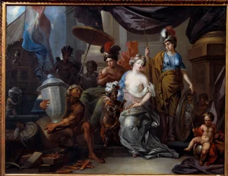 Amerika bringer rikdommen sin til Europa Europa Europa, en ung kvinne med blek hud, mottar indianere fra Amerika som bringer henne eksotisk mat. Maleri av Jean Andreas Biset (1600-tallet) La Rochelle, Musee du Nouveau monde