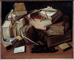 Stilleben med bøker Maleri av Jean Andreas Biset (1672-ca. 1710). Bourg en Bresse, Musee de Breu - Stilleben med bøker. Maleri av Jean Andreas Biset (1672-ca.1710). Breu-museet, Bourg en Bresse, Frankrike