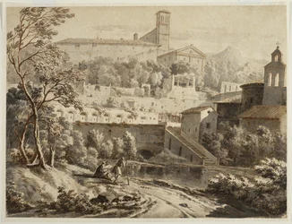 En kunstner som skisserer langs en elvebredd, nedenfor en italiensk by, ca. 1780 (blekk og vask på lagt papir, spor av svart kritt)