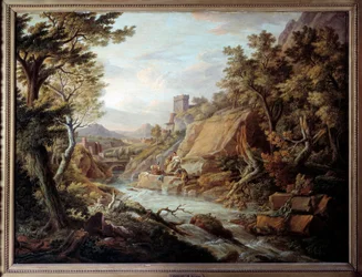Landskap og elv. Maleri av Jean Antoine Constantin