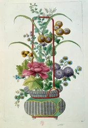 Blomsterpotte. Gravering av Jean Antoine Fraisse (1700-tallet)