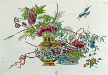 Blomster i en vase. Tegningen kommer fra en kinesisk vase. Maleri av Jean Antoine Fraisse (1700-tallet)