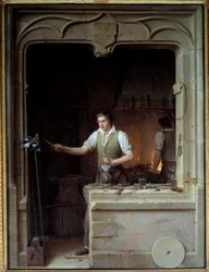 En låsesmed prøver å bite filen sin til en jay Illustrasjon for Jean de La Fontaines fabler. Maleri av Jean Antoine Laurent (1763-1832) 1829 Søn. 0,86x0,65 m - En låsesmed som ønsker å få en jay til å bite metallfilen sin. Illustrasjon for Jean de La Fonta