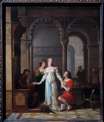 Eselskinn Illustrasjon av historien av Charles Perrault (1628-1703) med samme navn som representerer den unge prinsessen i palasset til hennes far som er forelsket i henne. Maleri av Jean Antoine Laurent (1763-1832) 1819 søn. 0,55x0,45 m Bourg en Bresse, m