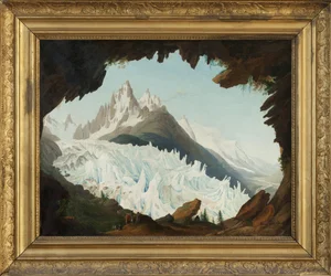 Utsikt over Alpene tatt fra hvelvet kalt Chapeau of the Woods Glacier (olje på lerret)