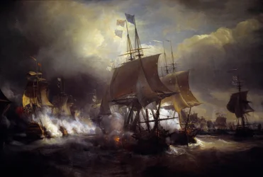 Amerikansk uavhengighetskrig: "" Battle naval d'Ouessant mellom 23 og 27/07/1778"" Hun motsatte seg den franske flåten til den engelske. Detalj. Maleri av Theodore Gudin (1802-1880) Paris fra 1800-tallet. Marinemuseum