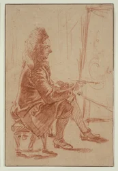 En parykkmaler (muligens Claude Audran), ca. 1709 (rød kritt på gult papir, lagt på kremfarget kartong)