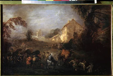 Krigens byrde. Maleri av Jean Antoine Watteau (1684-1721). Olje på kobber, 21,5 x 33,5 cm, ca 1713. Fransk kunst, rokokkokunst. Eremitasjemuseet, St. Petersburg.