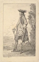 Mann som går og bærer en stokk i høyre hånd, vist i trekvart sett med h..., ca. 1710.