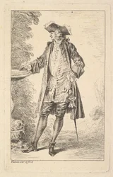 Stående mann med høyre hånd hvilende på et basseng, vist i trekvart sett med..., ca. 1710.