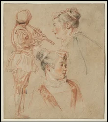 Studier av en fløytist og to kvinner, ca. 1717