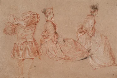 Studier av en fløytespiller og to kvinner, 1717