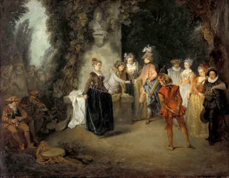 Den franske komedie av Watteau, Jean Antoine (1684-1721), etter 1716 - Olje på lerret, 37x48 - Statsmuseer, Berlin