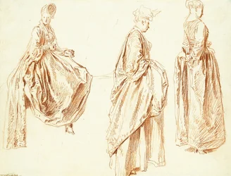 Tre damer i profil til høyre, en sittende, ca. 1713-14