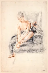Ung naken kvinne som holder den ene foten i hendene, 1716-18