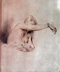 Naken kvinne med løftet arm. Sanguinetegning av Jean-Antoine Watteau (1684-1721), 18. århundre. 0,28 x 0,23 m. Paris, Musée du Louvre