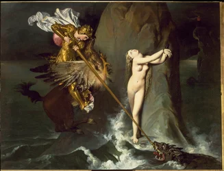 Angelica blir frigjort av Roger (Ruggiero, Ruggiero) rir på en flodhest (fra Orlando furioso av Ludovico Ariosto) - olje på lerret