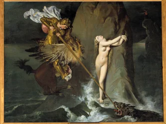 Roger delivrant Angelique Angelique (Angelica) blir frigjort av Roger (Ruggero, Ruggiero) rir på en flodhest - Illustrasjon av X-sangen til "" Furious Roland"" (Orlando furioso) av Ludovic Ariosto (Arioste) - Maleri av Jean Auguste Dominique Ingres (1