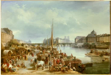 Utsikt over havnen Saint Nicolas Den lå i nærheten av Pont Neuf i Paris. Maleri av Jean Auguste Garneray (1778-1845) 1834 Søn. 0,8x1,18 m Paris, Musee Carnavalet
