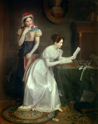 Svaret på brevet En ung kvinne skynder seg å svare på brevet til sin elsker - Maleri av Jean Augustin (Jean-Augustin) Franquelin (1798-1839) 1800-tallet Søn 0,46x0,38 m
