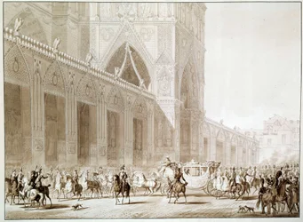 Ankomsten i vogn av keiser Napoleon I (1769-1821) og Impress Josephine de Beauharnais (1763-1814) ved katedralen Notre Dame de Paris på dagen for det hellige trykk etter "The Book of the Sacred" av Jean Baptiste Isabey ( 1767-1855) 1800-tallet
