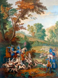 Plate som viser jaktene til Ludvig XVI (1754-1793): "" den lille kuren til unge hunder eller forumet på slutten av kuren"" Maleri på porselen av Philippe Castel (ca. 1746-1797) av Jean Baptiste Oudry ( 1686-1755) 1778-1781 søn. 0,39x0,49m