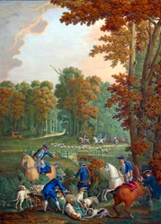 Plakett som representerer jaktene til Ludvig XVI: stafetten ved krysset mellom Embrassade i skogen Compiegne"" eller "" betjent som kobler den gamle flokken""". Porselensmaleri av Charles Etienne Leguay (1762-1846) av Jea