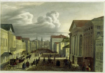 Tverskaya Street i Moskva (Tverskaya Street i Moskva). Verk av Auguste Jean Baptiste Antoine Cadolie (1782-1849), litografi, fargelegging i akvarell