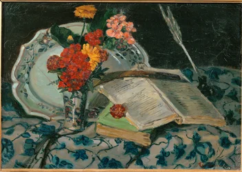 Stilleben: blomster, steingods, bøker (maleri på lerret)