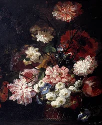 Kurv med blomster på et bord Maleri av Jean Blin (eller Blain eller Belin) av Fontenay (1653-1715) 1600-tallet Søn. 0,46x0,55 m